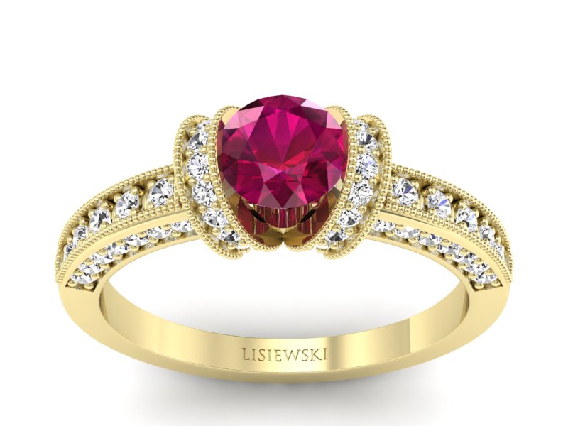 Pierścionek z rubinem i brylantami żółte złoto - p16061zr