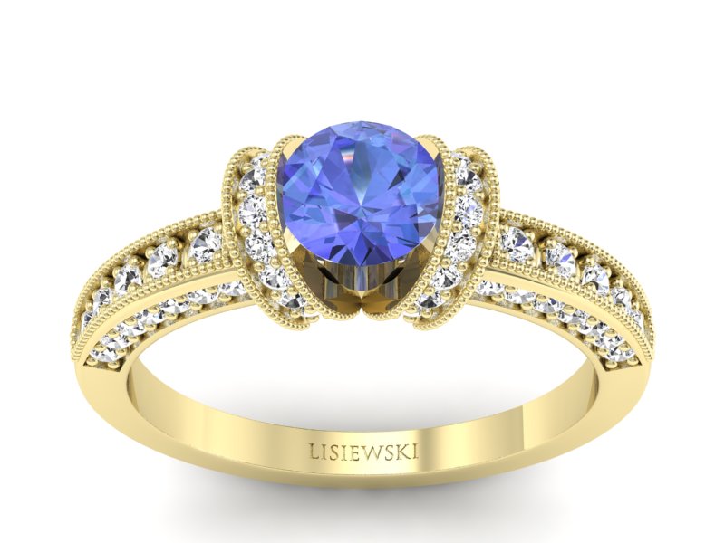 Pierścionek z tanzanitem i brylantami żółte złoto - p16061zt