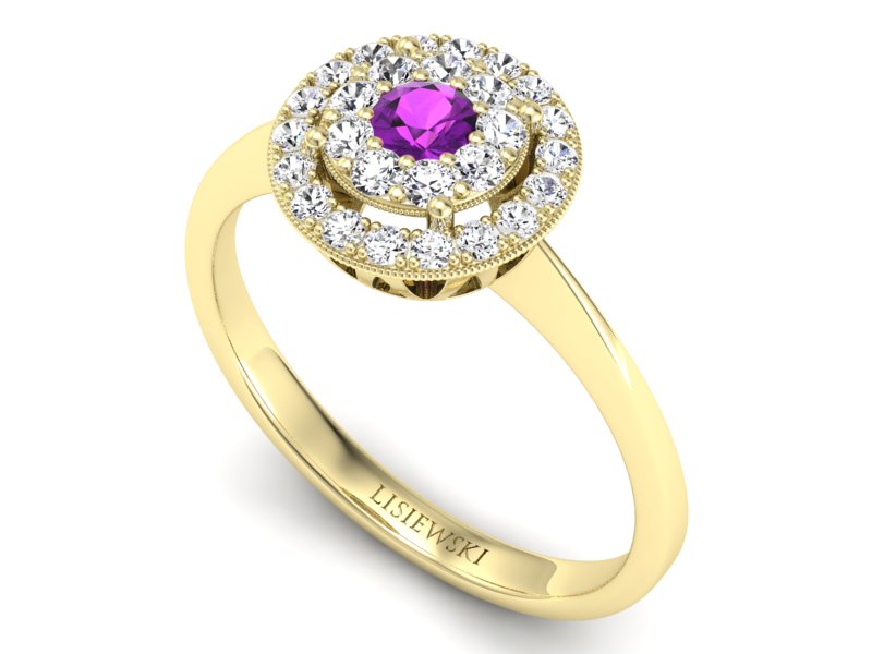 Pierścionek z ametystem i brylantami żółte złoto - P16063zam — zdjęcie 3