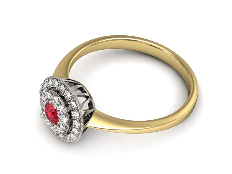 Pierścionek z rubinem i diamentami w białym i żółtym złocie - P16063zbr - 2