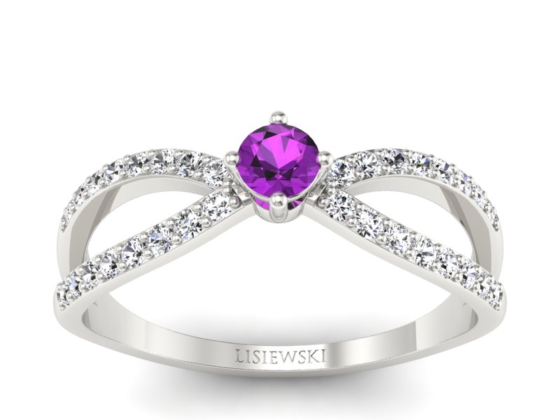 Pierścionek z ametystem i brylantami białe złoto - p16067bat