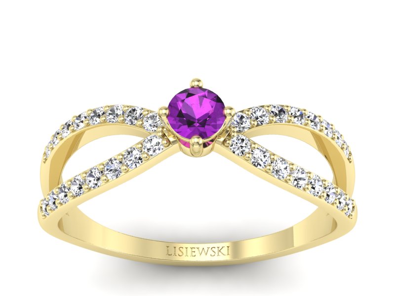 Pierścionek ametyst i brylanty żółte złoto - p16067zat