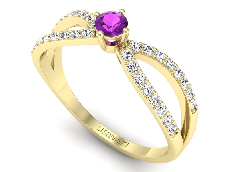 Pierścionek ametyst i brylanty żółte złoto - p16067zat — zdjęcie 3