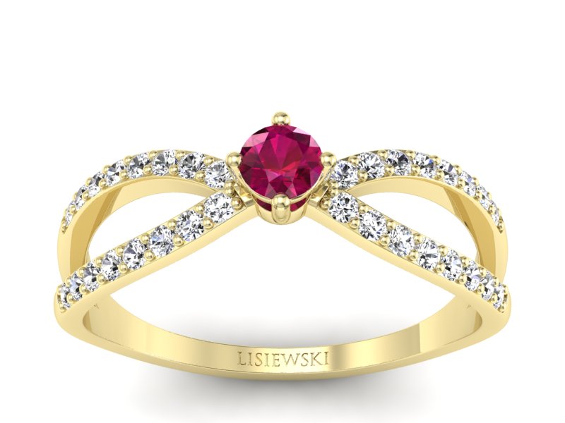 Pierścionek z rubinem i brylantami żółte złoto - p16067zr