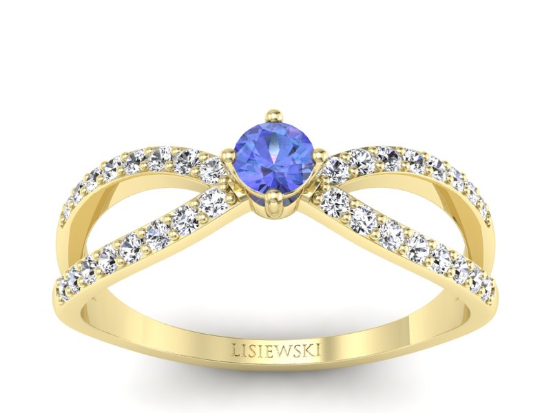 Pierścionek z tanzanitem i brylantami żółte złoto - p16067zt