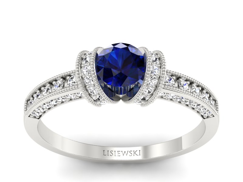 Pierścionek z szafirem i brylantami białe złoto - p16079bsz
