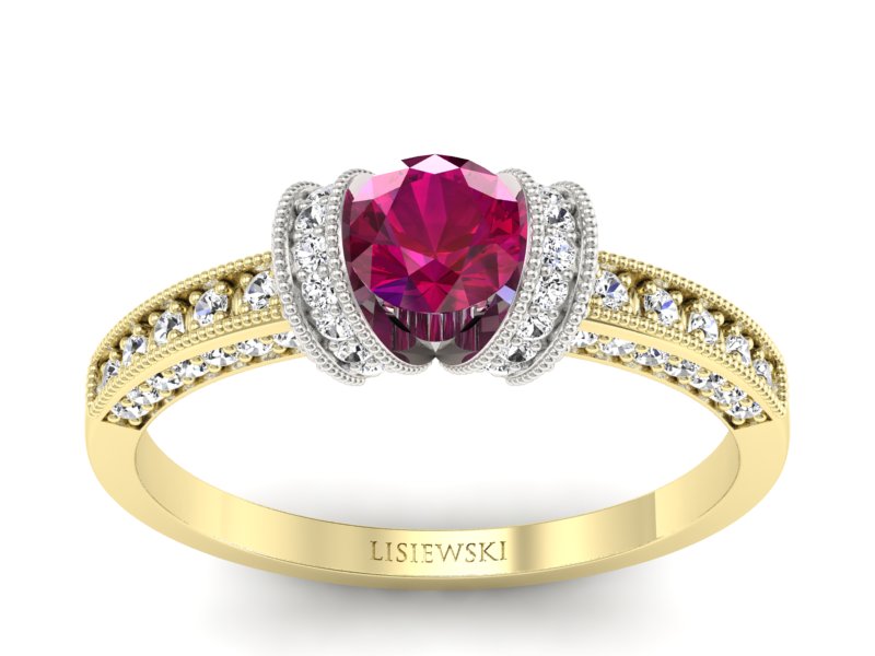 Złoty pierścionek z rubinem i brylantami - p16079zbr