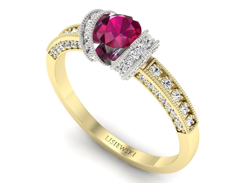 Złoty pierścionek z rubinem i brylantami - p16079zbr — zdjęcie 3