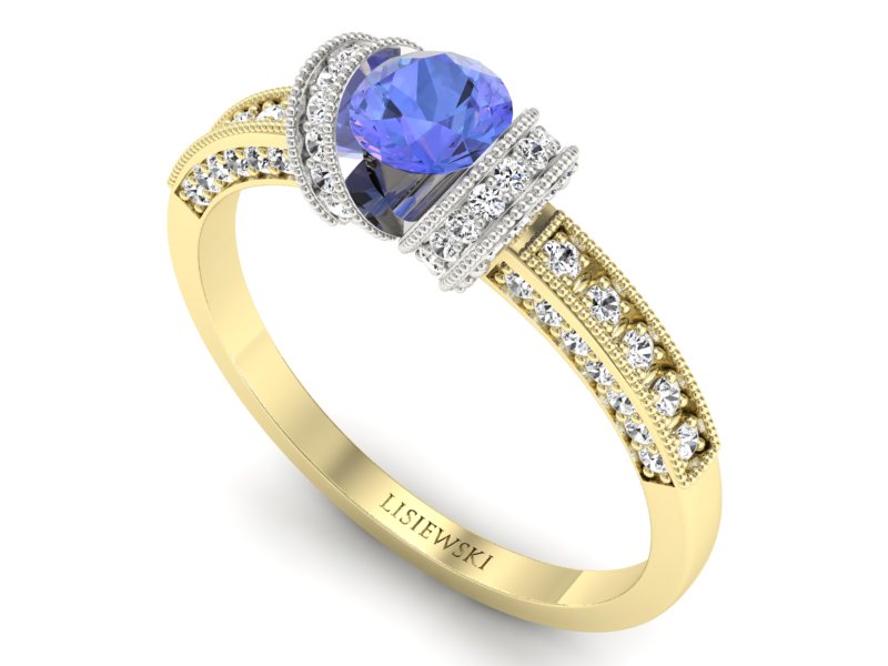 Złoty pierścionek z tanzanitem i brylantami - p16079zbt — zdjęcie 3