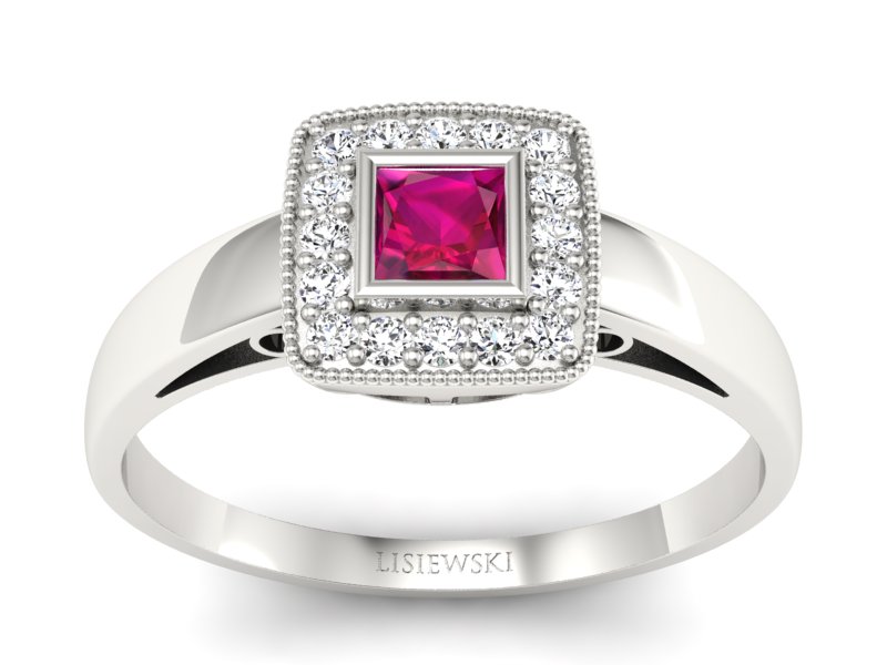 Pierścionek z rubinem i brylantami białe złoto - p16105br