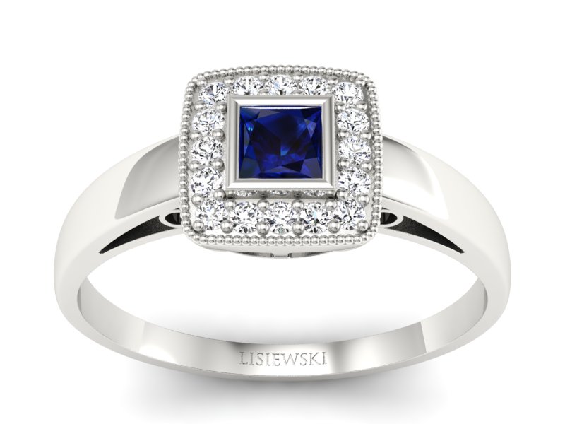 Pierścionek z szafirem i brylantami białe złoto - p16105bsz