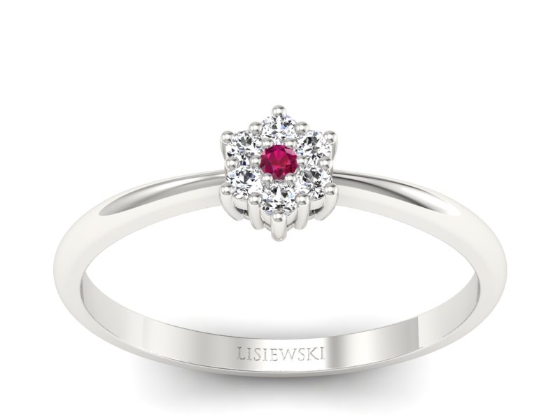 Pierścionek z rubinem i brylantami białe złoto - p16109br