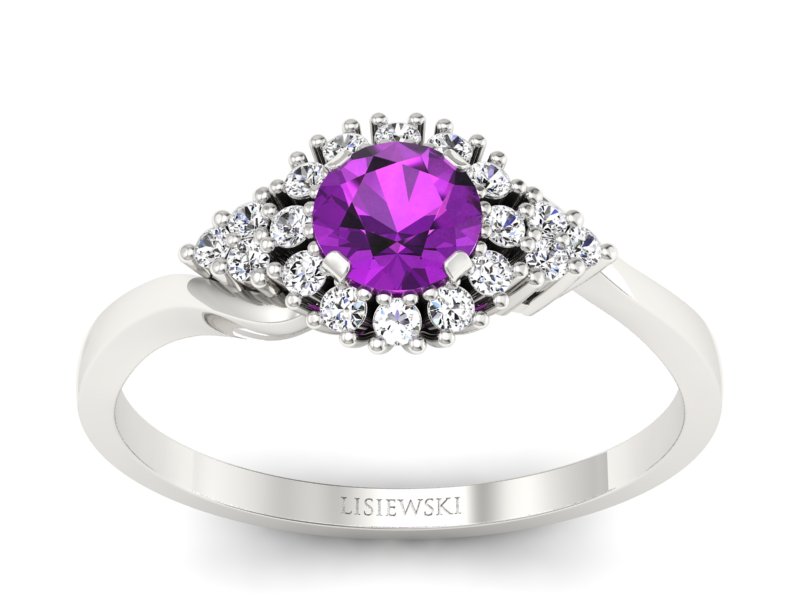 Pierścionek z ametystem i brylantami białe złoto - p16138bat