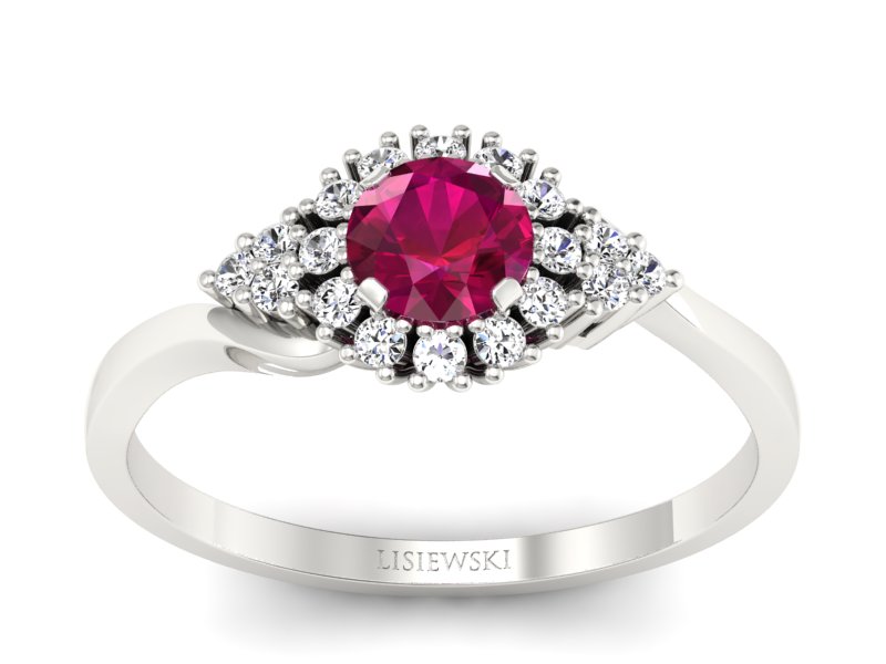 Pierścionek z rubinem i brylantami białe złoto - p16138br