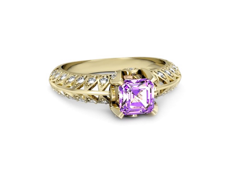 Pierścionek z ametystem i brylantami żółte złoto - p16141zat — zdjęcie 2