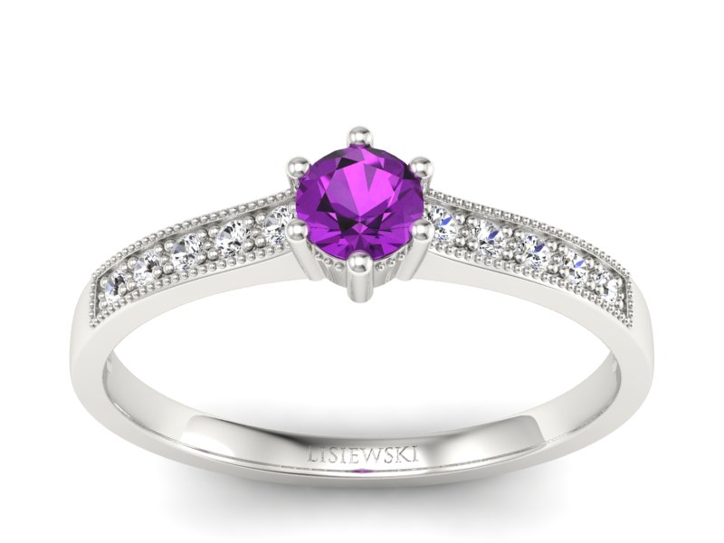 Pierścionek z ametystem i brylantami białe złoto - p16144bat