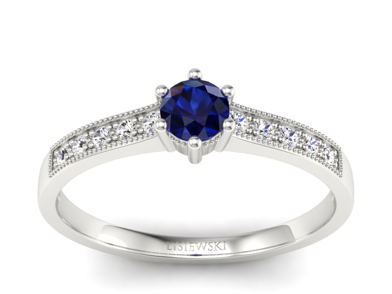 Pierścionek z szafirem i brylantami białe złoto - p16144bsz