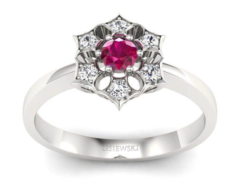 Pierścionek z rubinem i brylantami białe złoto - p16145br