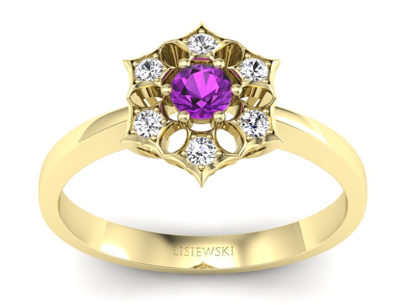 Pierścionek z ametystem i brylantami żółte złoto - p16145zat