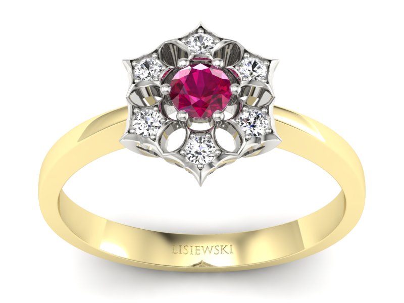 Złoty pierścionek z rubinem i brylantami - p16145zbr