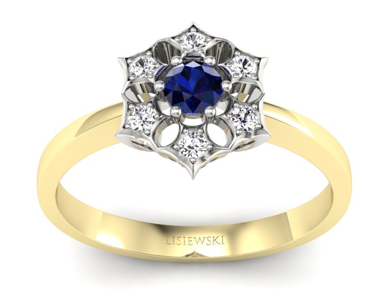 Złoty pierścionek z szafirem i brylantami - p16145zbsz