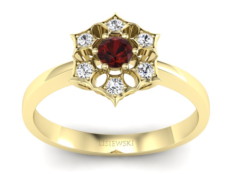 Złoty pierścionek z granatem i brylantami - p16145zgr