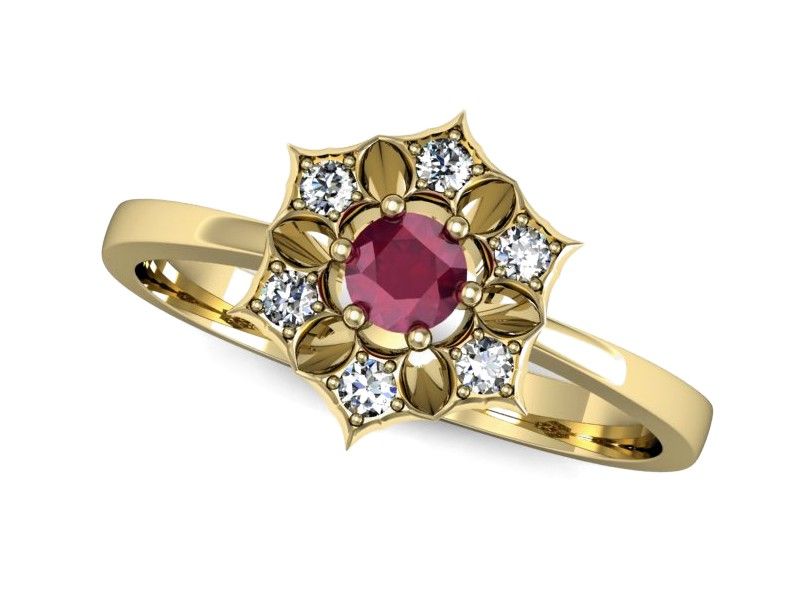 Złoty pierścionek z rubinem i brylantami złoto proba 585 - p16145zr