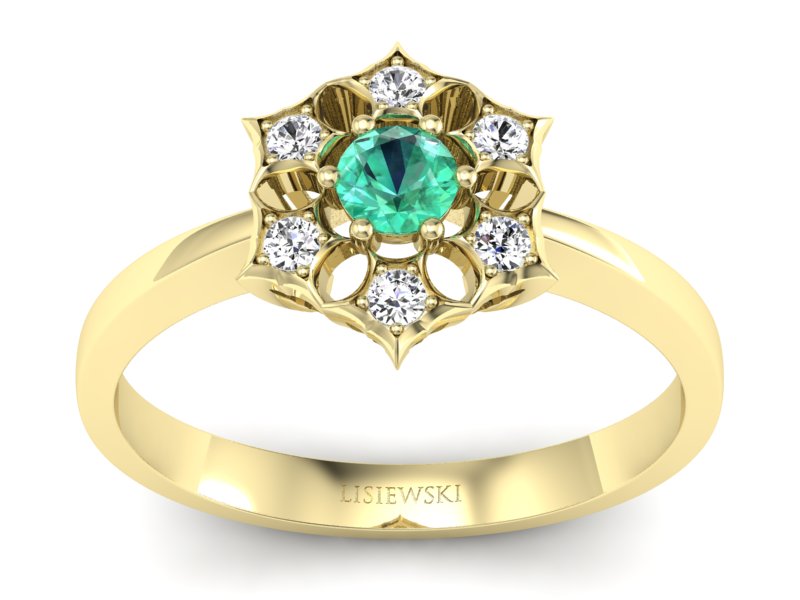 Złoty pierścionek ze szmaragdem i brylantami - p16145zsm