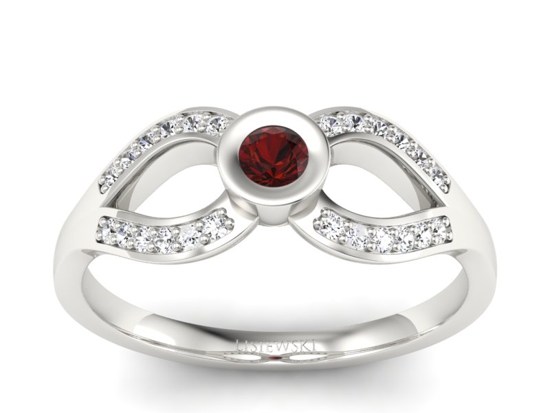 Pierścionek z granatem i brylantami białe złoto - p16153bgr