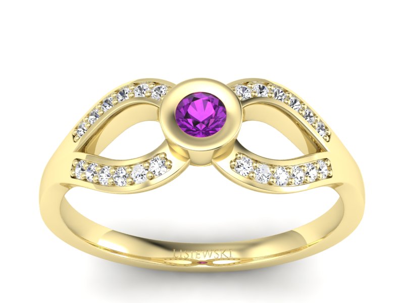 Pierścionek z ametystem i brylantami żółte złoto - p16153zat