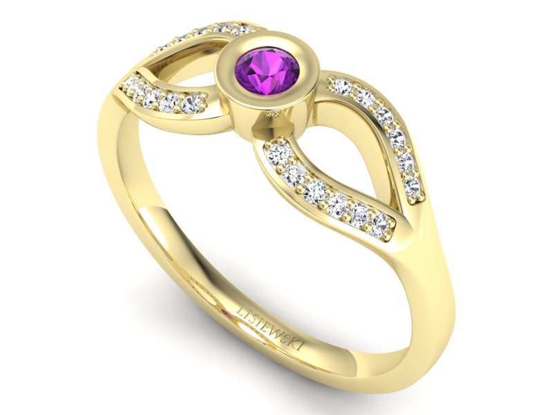 Pierścionek z ametystem i brylantami żółte złoto - p16153zat — zdjęcie 3
