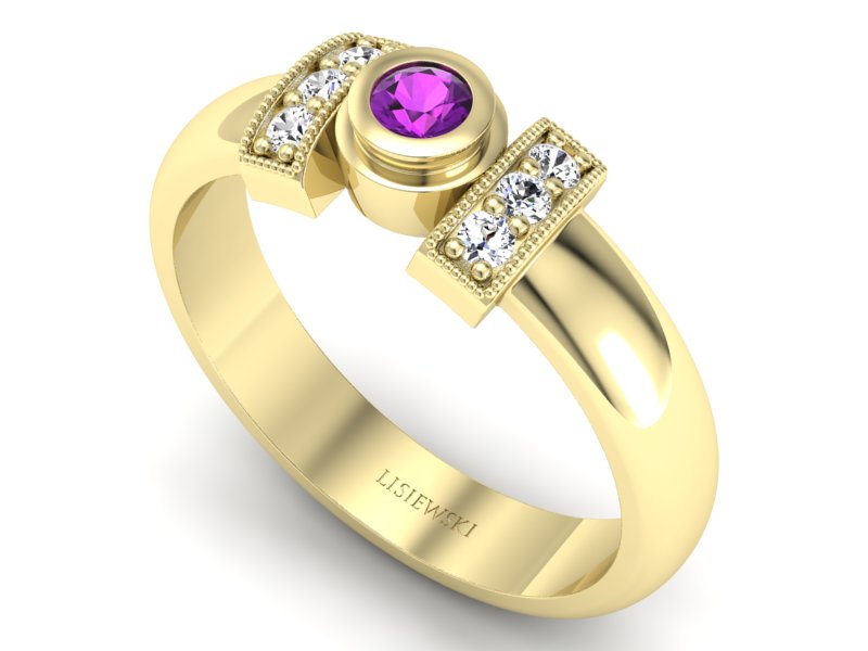 Pierścionek z ametystem i brylantami żółte złoto - p16161zat — zdjęcie 3
