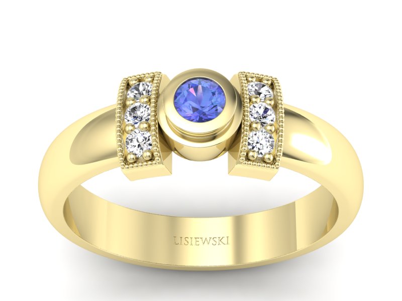 Pierścionek z tanzanitem i brylantami żółte złoto - p16161zt