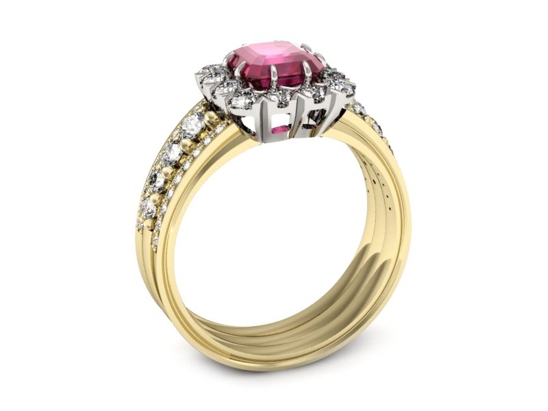 Pierścionek rubin i diamenty żółte białe złoto - p16168zbr — zdjęcie 3