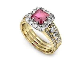 Pierścionek rubin i diamenty żółte białe złoto - p16168zbr - 1