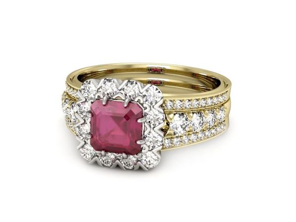 Pierścionek rubin i diamenty żółte białe złoto - p16168zbr
