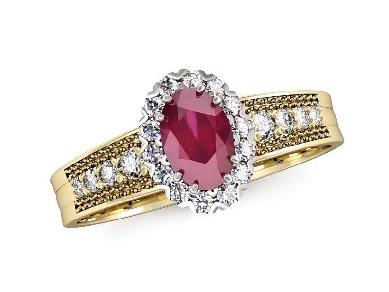 Złoty pierścionek z rubinem i diamentami - p16170zbr