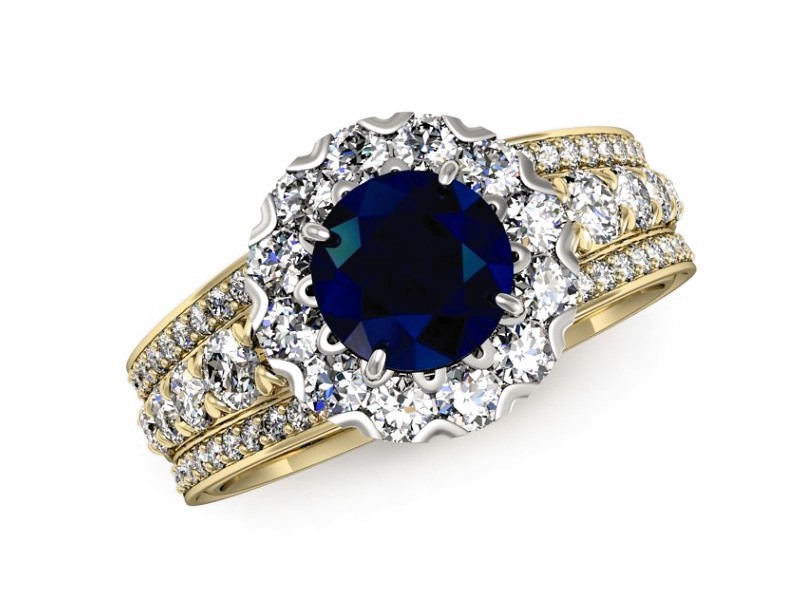 Złoty pierścionek z szafirem i brylantami - p16171zbsz