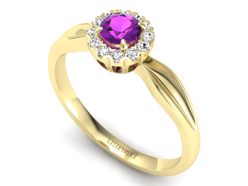 Złoty pierścionek z ametystem i brylantami - p16174zam — zdjęcie 3