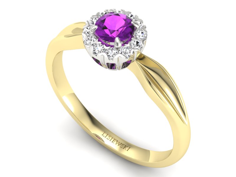 Złoty pierścionek z ametystem i brylantami - p16174zbat — zdjęcie 3