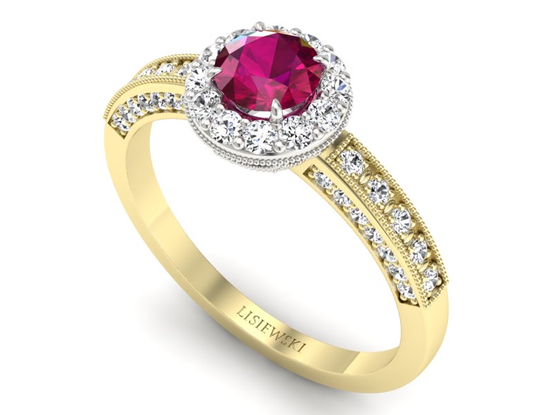 Złoty pierścionek z rubinem i brylantami - p16181zbr — zdjęcie 3