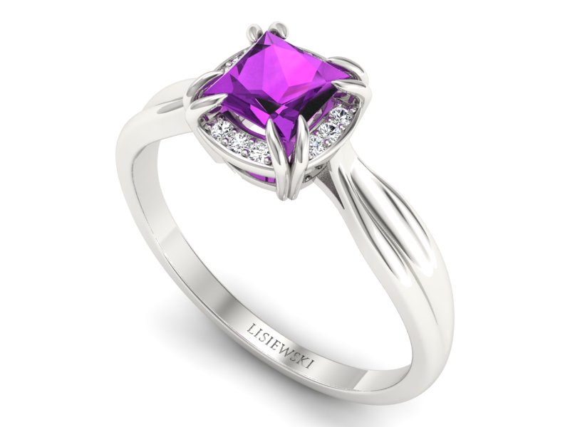 Złoty pierścionek z ametystem i brylantami - p16187bat — zdjęcie 3