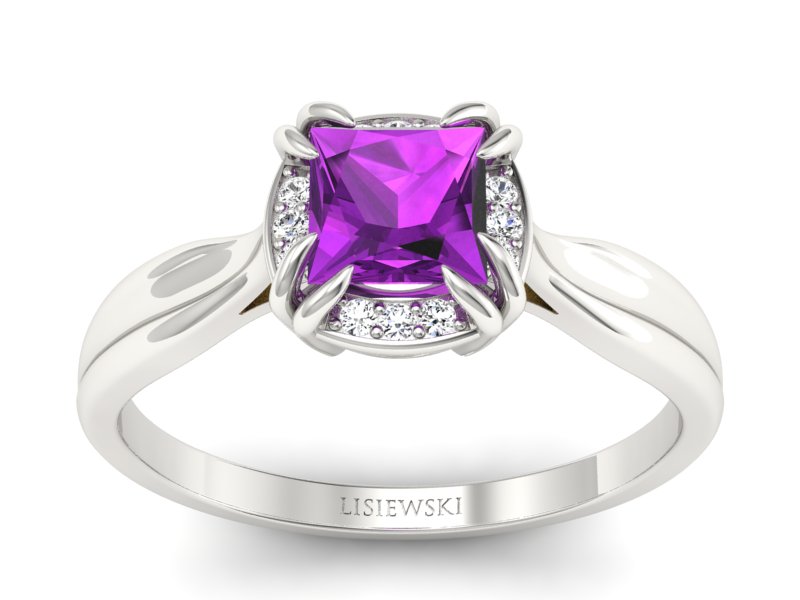 Złoty pierścionek z ametystem i brylantami - p16187bat