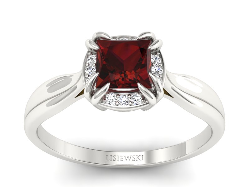 Pierścionek z granatem i brylantami białe złoto - p16187bgr