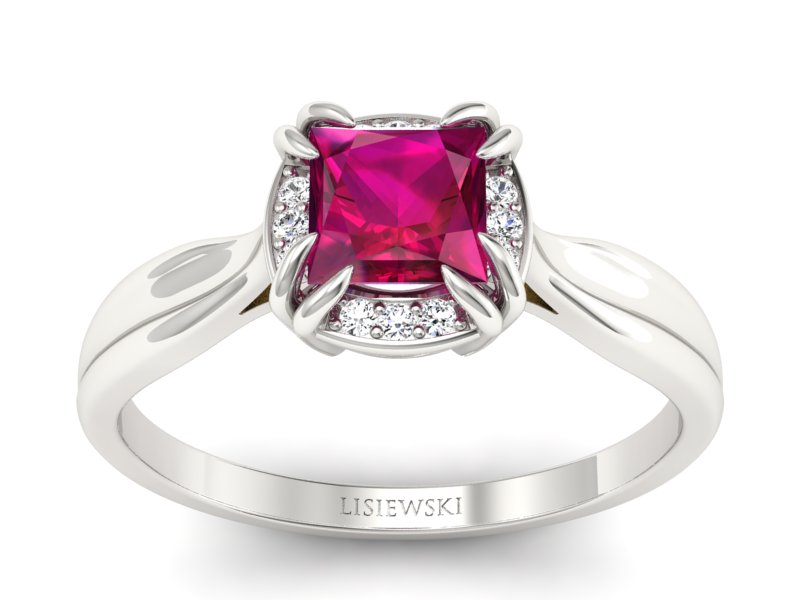 Pierścionek z rubinem i brylantami białe złoto - p16187br