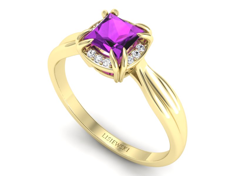 Złoty pierścionek z ametystem i brylantami - p16187zat — zdjęcie 3