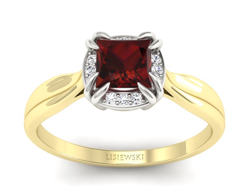 Złoty pierścionek z granatem i diamentami - p16187zbgr