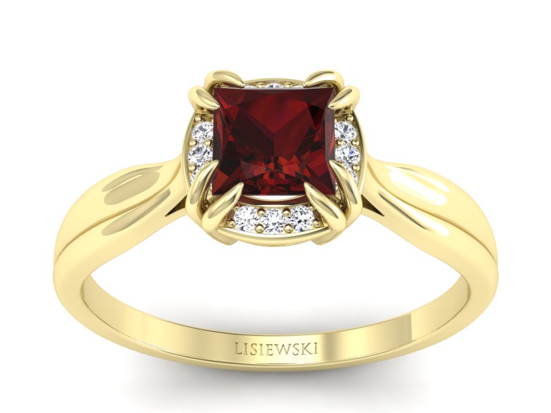 Złoty pierścionek z granatem i brylantami - p16187zgr