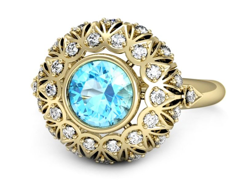 Złoty pierścionek z topazem i brylantami - p16189za — zdjęcie 2