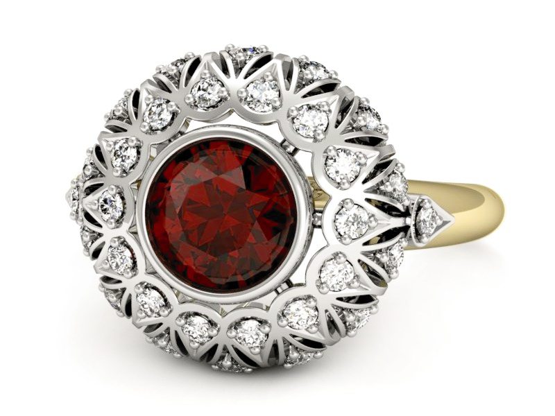 Złoty pierścionek z granatem i diamentami - p16189zbgr — zdjęcie 2